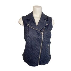 Womens INC Navy Blue Faux Leather Moto‎ Vest Sz Medium